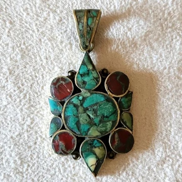 Vintage Tibetan Coral & Turquoise pendant - silver - Picture 1 of 3